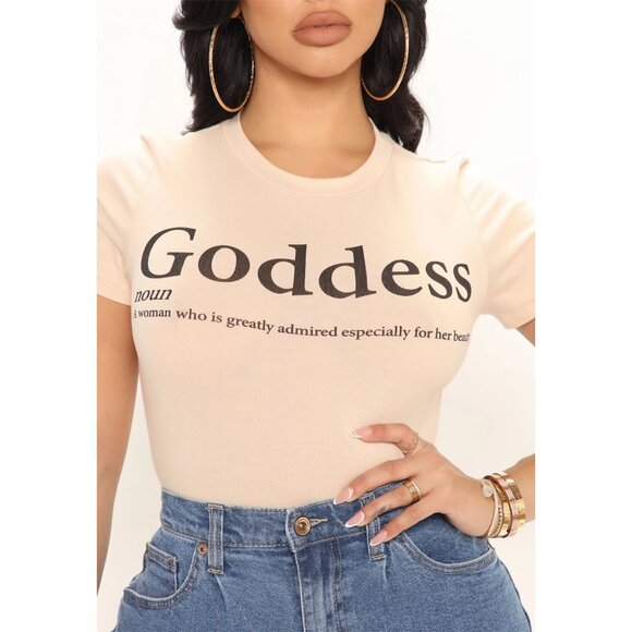 Fashion Nova ✦ Define Goddess Top ✦ Taupe Black Graphic Crew Neck Short Sleeve - Picture 3 of 6